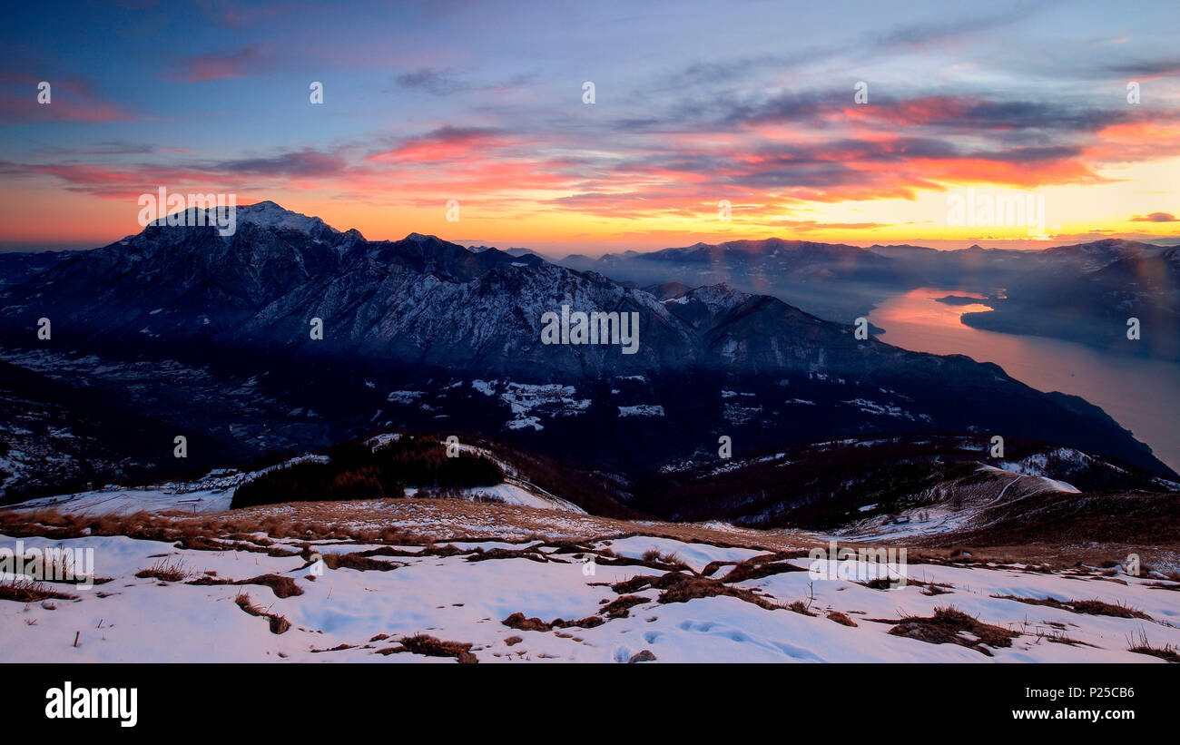 Sunset on Mount Grigna end Lake Como from mount Muggio, Muggio, Giumello, Casargo, Valsassina, Lecco, Lombardy, Italy, Europe. Stock Photo