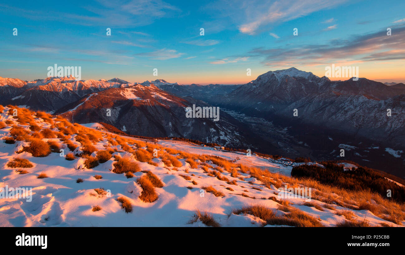 Sunset on Mount Grigna from mount Muggio, Muggio, Giumello, Casargo, Valsassina, Lecco, Lombardy, Italy, Europe. Stock Photo