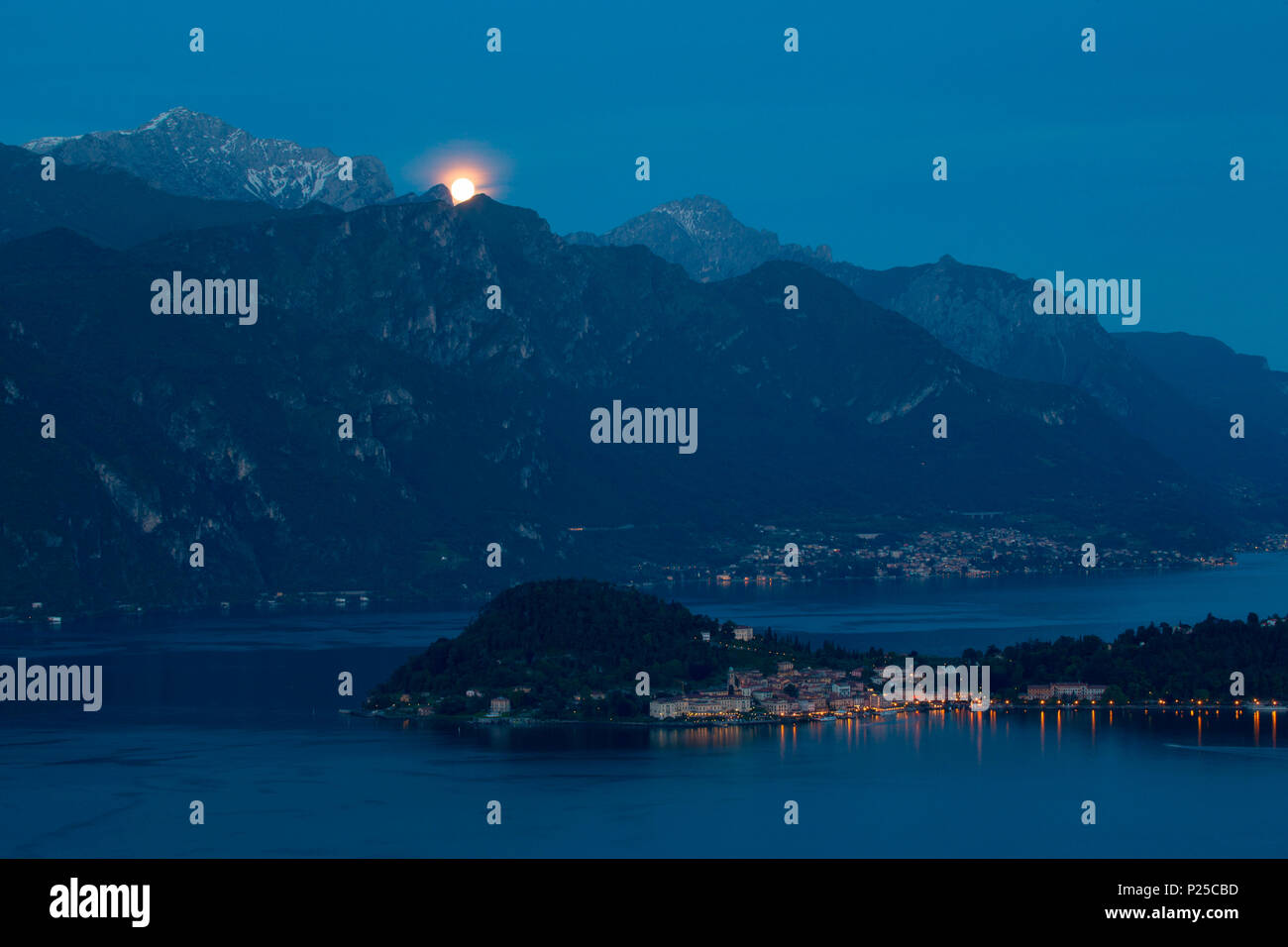 Moon on Lake Como and Mount Grigna from church San Martino, Griante, Como province, Lombardy, Italy, Europe. Stock Photo