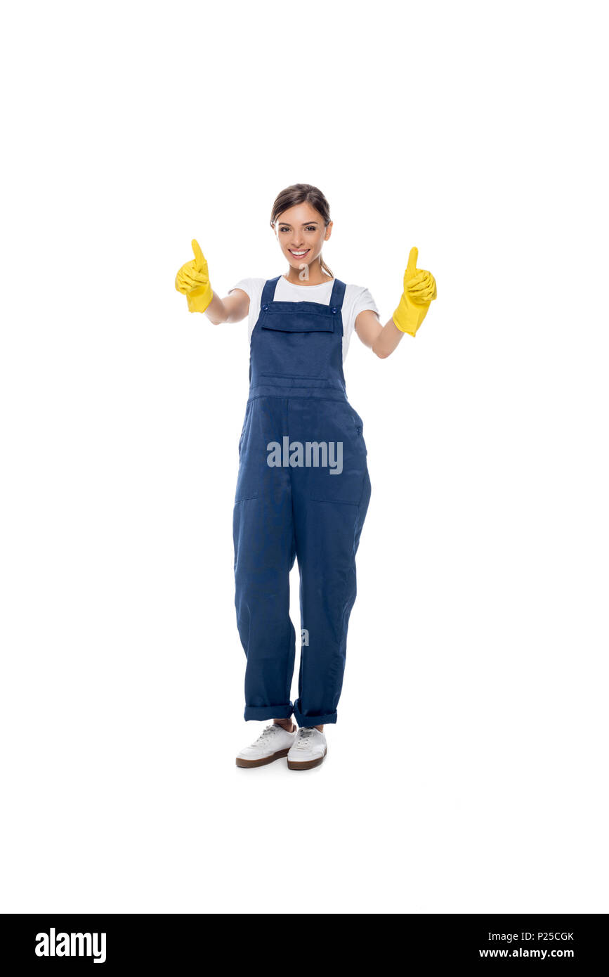 cheerful cleaner in rubber gloves showing thumbs up isolated on white Stock Photo