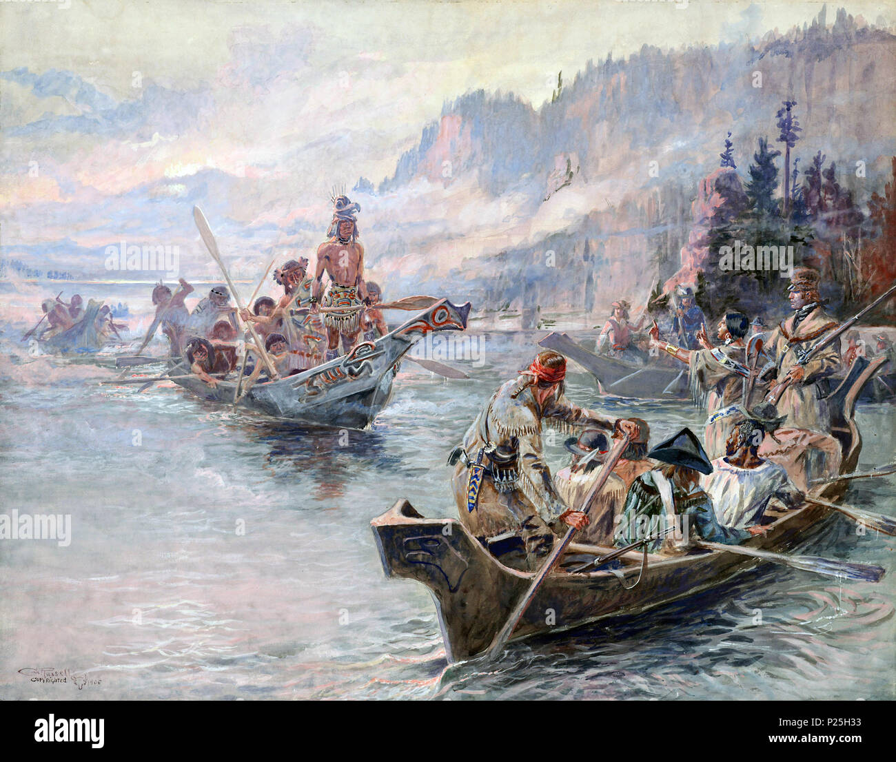 .  English: Painting Lewis and Clark on the Lower Columbia (28 × 24 in (71.1 × 60.9 cm)) by Charles Marion Russell; Opaque and transparent watercolor over graphite underdrawing on paper . 1905.    Charles Marion Russell  (1864–1926)     Alternative names Charles M. Russell, C.M. Russell, Charlie Russell, 'Kid' Russell  Description American sculptor, illustrator, painter and writer  Date of birth/death 19 March 1864 24 October 1926  Location of birth/death Oak Hill, St. Louis, Missouri USA Great Falls, Montana, USA  Authority control  : Q1065418 VIAF: 67266991 ISNI: 0000 0001 1068 7318 ULAN: 50 Stock Photo
