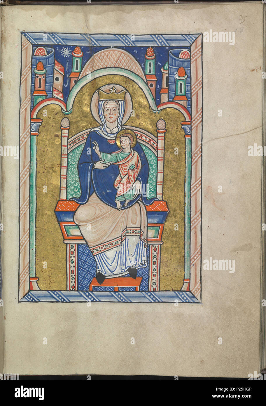 155 Images from the life of Christ - Mary enthroned, holding the Christ-child from the adoration of the Christ-child by the Magi - Psalter of Eleanor of Aquitaine (ca. 1185) - KB 76 F 13, folium 018r Stock Photo