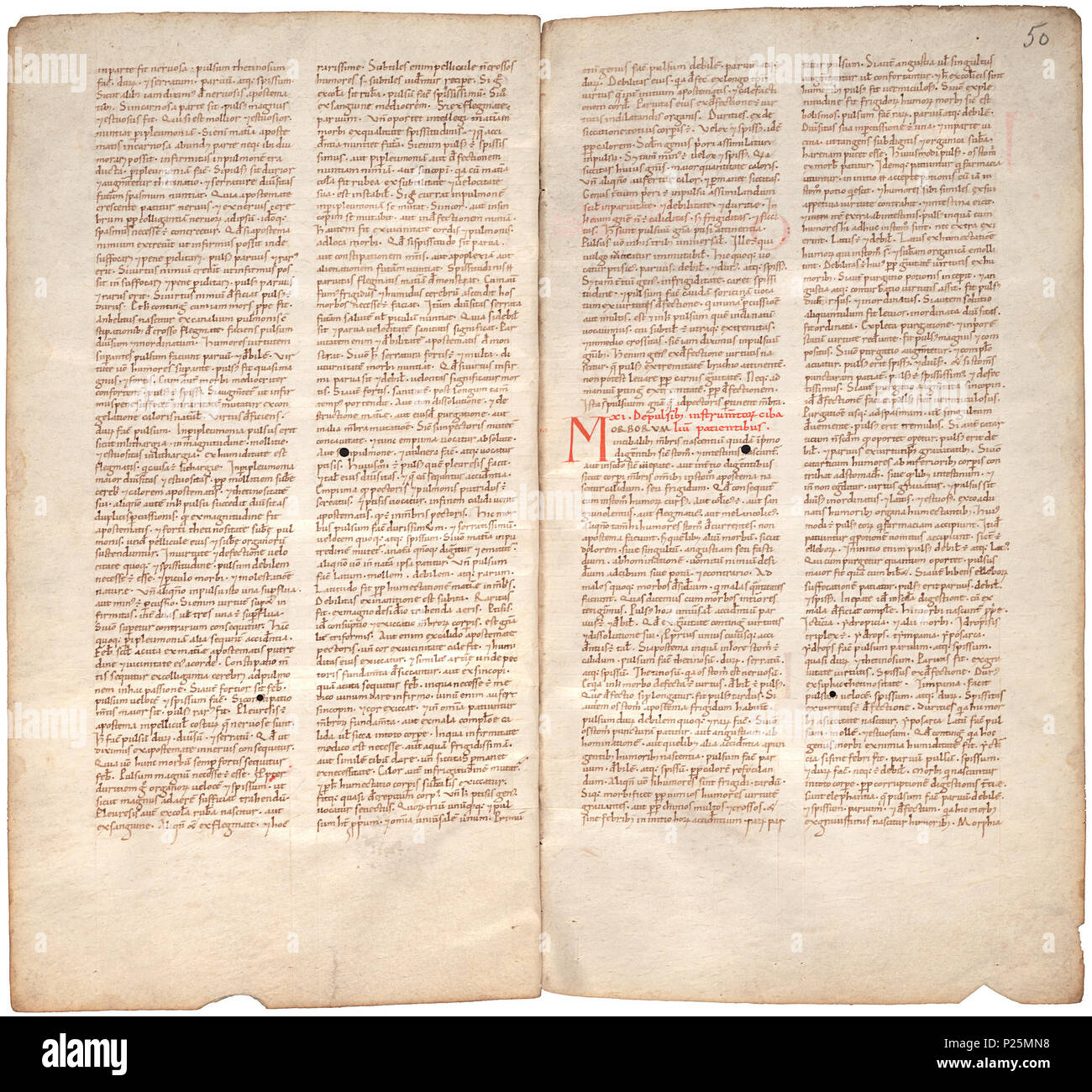 . Pantegni pars prima theorica (lib. I-X) - folios 049v (left) and 050r (right)  .  Lefthand side folio 049v; righthand side folio 050r from an 11th century copy of the Liber pantegni. This is the earliest known copy (prior to 1086) of the Liber pantegni, made at Monte Cassino under the supervision of Constantine the African. It is dedicated to Abbot Desiderius of Monte Cassino (1027-1087), before he became Pope Victor III. Read backgroud information in Dutch and in English. . Constantine the African (ca. 1010-1098/9) 175 Liber pantegni - KB 73 J 6 - folios 049v (left) and 050r (right) Stock Photo