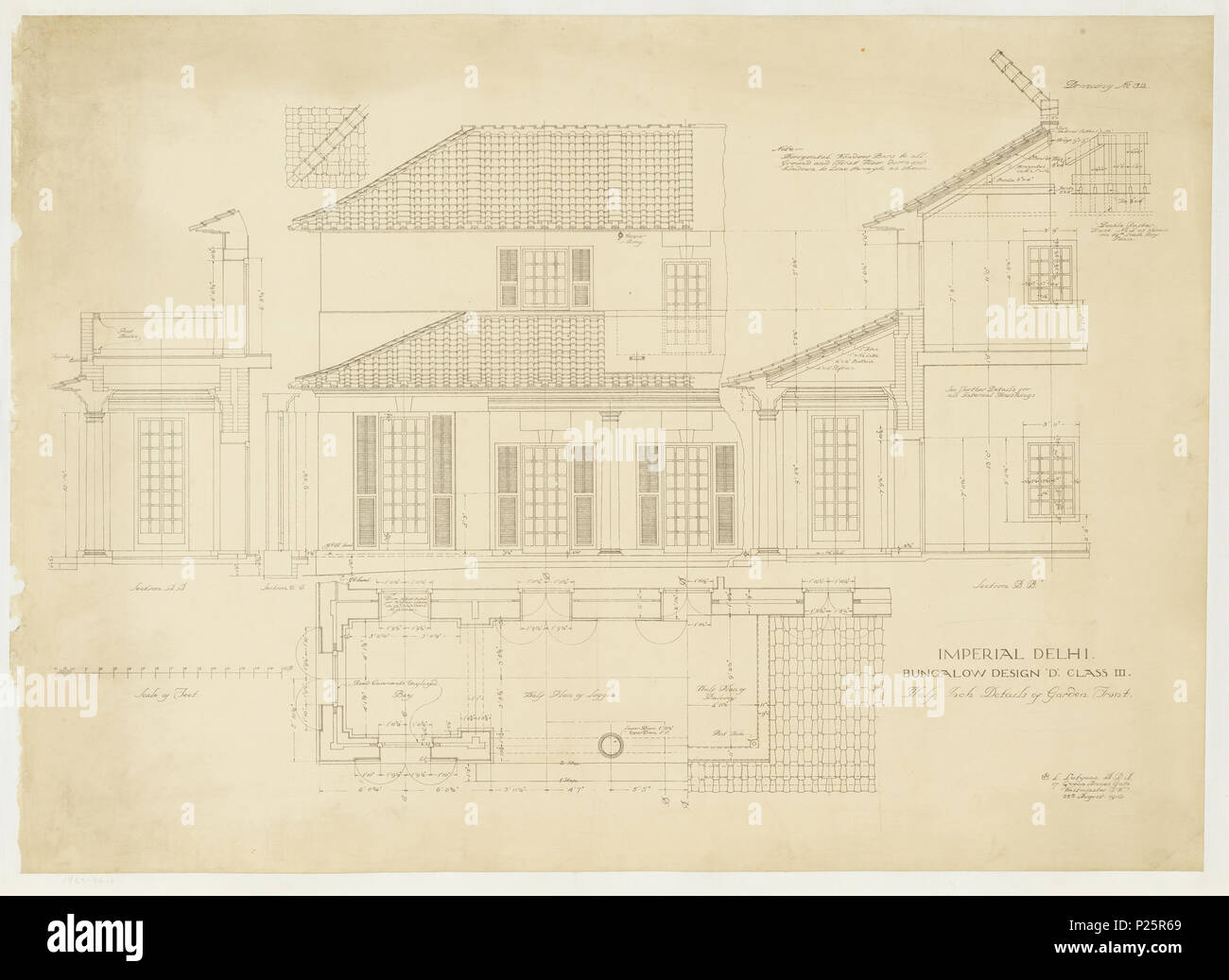 .  English: Print, Imperial Delhi, Bungalow Design 'D' Class III, August 25, 1916 .  English: Architectural print depicting the plan and elevation of a domestic building depicting a garden-front view of a bungalow. Printed notations with measurements and inscriptions throughout . 25 August 1916 268 Print, Imperial Delhi, Bungalow Design &quot;D&quot; Class III, August 25, 1916 (CH 18451113) Stock Photo