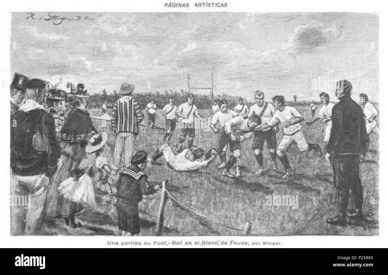 . English: 'Foot-Ball' at Flores Old Ground of Buenos Aires. This form of 'football' is more related to rugby union. 1899. Steiger 125 Football flores steiger Stock Photo