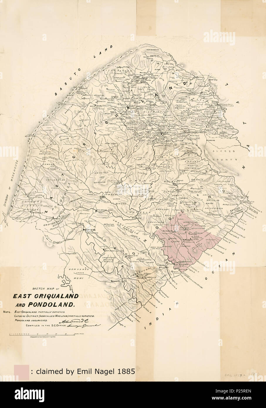 . English: 'Topographical map of East Griqualand and Pondoland from the Umtentwana River to the Kogha River on the Indian Ocean coast and to the borders with the Division of Wodehouse and Basutoland in the hinterland. The map shows towns, mission stations, the location of African clans, kraals, rivers and mountains.' (Description by the University of Cape Town) Subsequently, the concession area was marked, which negotiated Emil Nagel 1885 with the Pondo chiefs Umhlangaso and Umquikela. Deutsch: 'Topographische Karte von East Griqualand und Pondoland vom Umtentwana-Fluss bis zum Kogha-Fluss an  Stock Photo