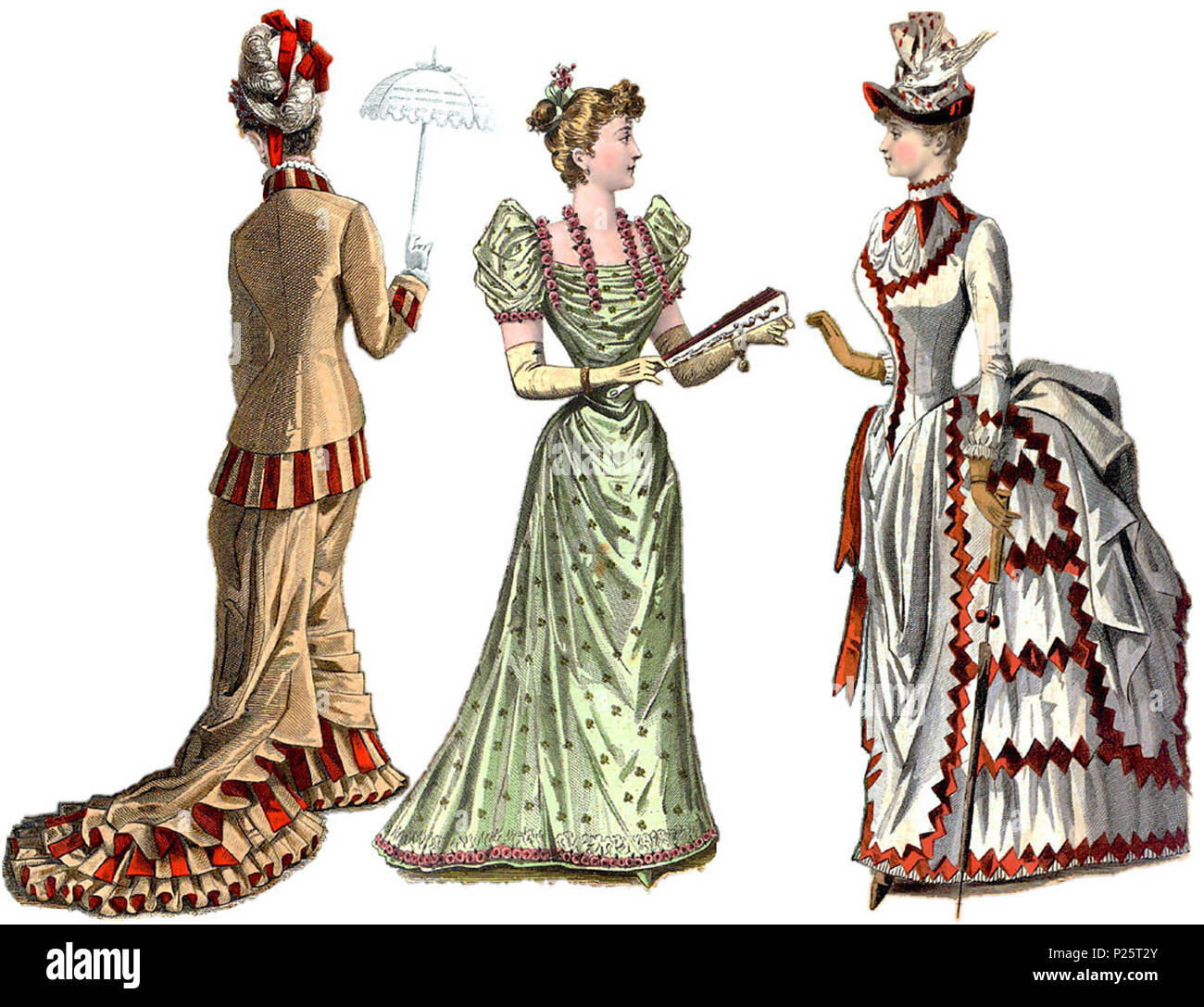 .  Style overview taken from 1880s fashion plates (a composite of what were originally parts of three separate plates) Left: early 1880's daywear (continuing the tight dress styles of the late 1870's, with train; compare this 1882 painting) Center: late 1880's eveningwear (anticipating the transition to the 1890's) Right: mid 1880's daywear (with bustle)  . Several years during the 1880s. Unknown 1880s artists 2 1880s-fashions-overview Stock Photo