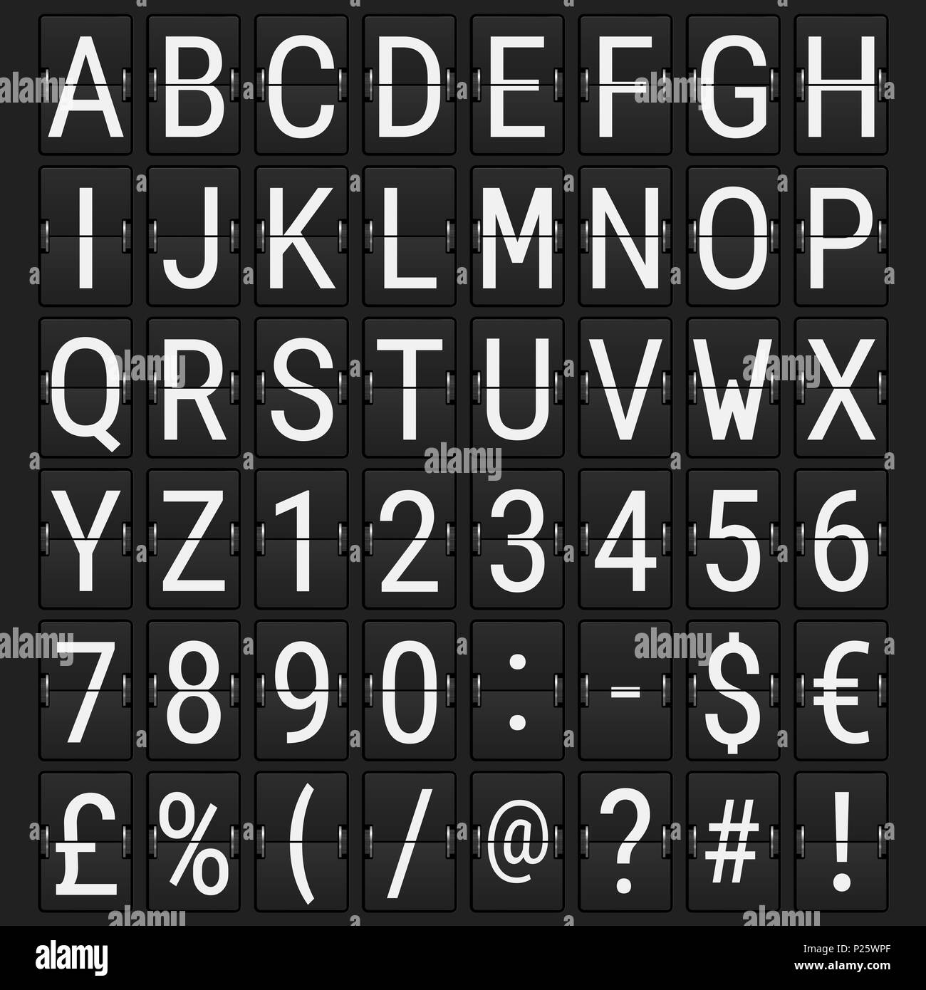 Airport Mechanical Flip Board Panel Font. Letters, Numbers and Special