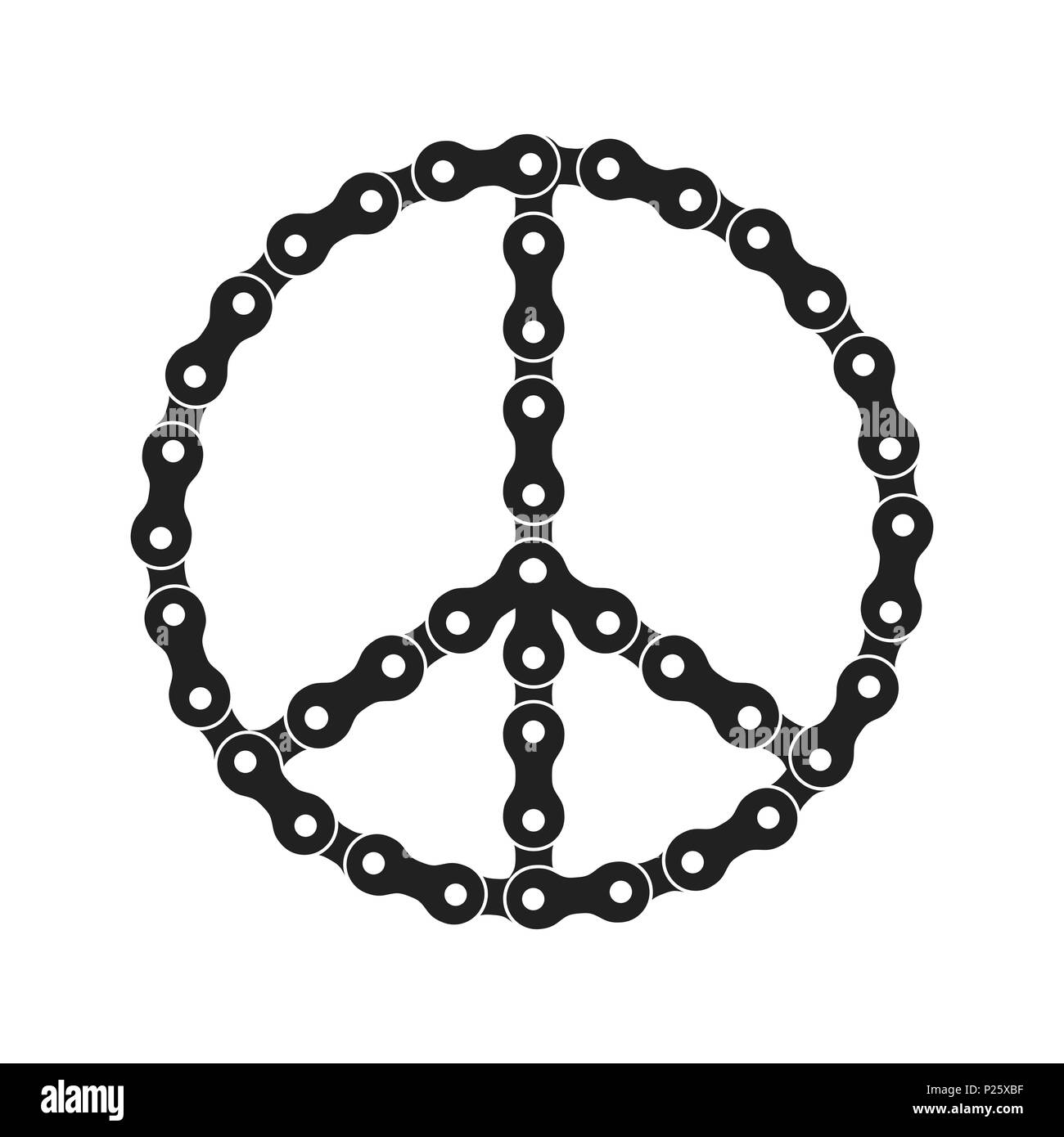 Peace Sign Made of Bike or Bicycle Chain. Hippie Symbol. Black Monochrome Bike Chain. Stock Photo