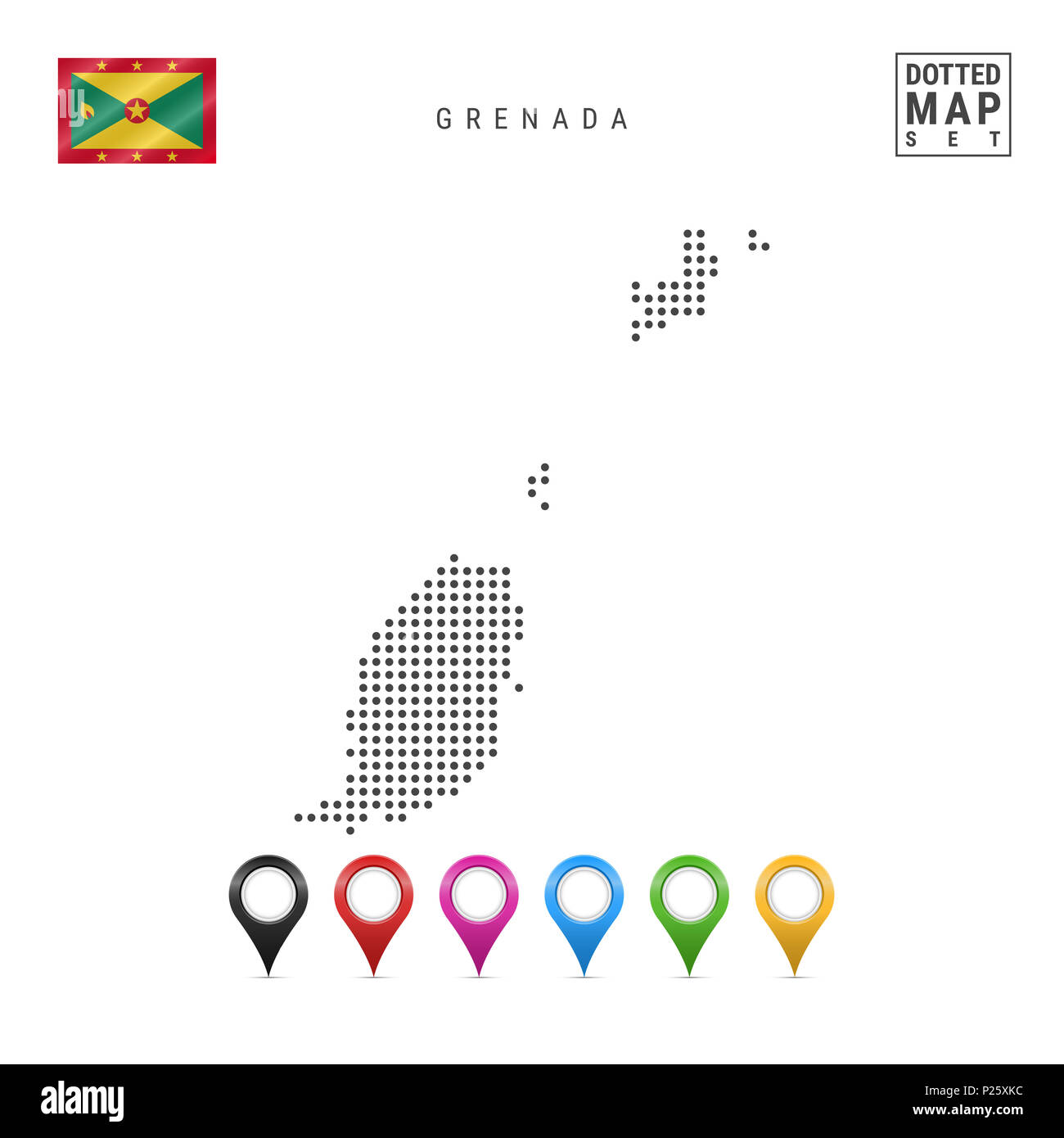 Dotted Map of Grenada. Simple Silhouette of Grenada. The National Flag of Grenada. Set of Multicolored Map Markers. Illustration Isolated on White Bac Stock Photo