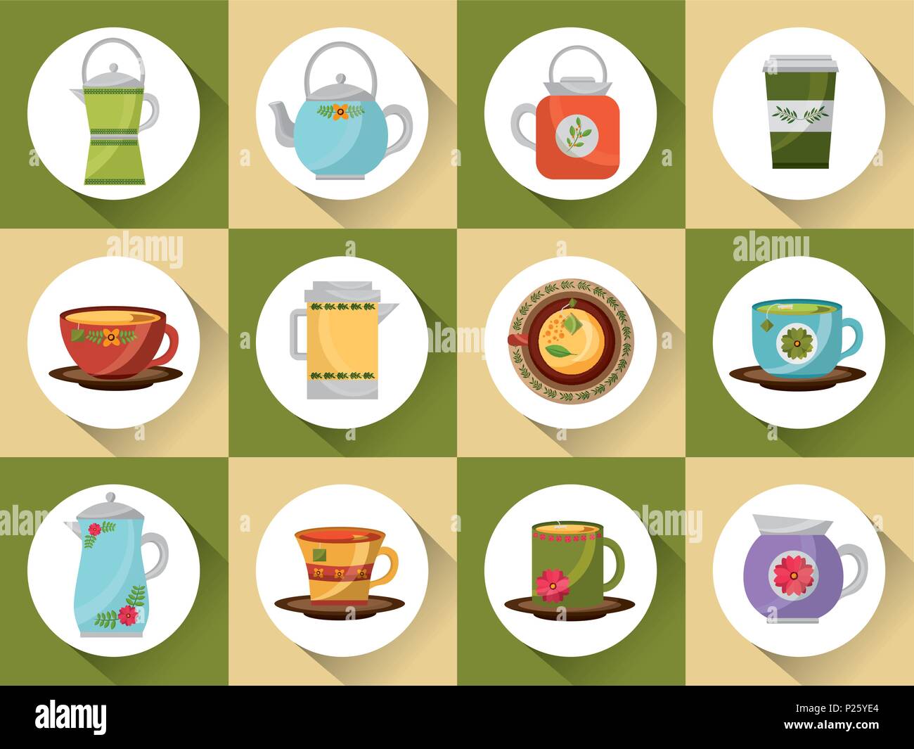 coffee and tea time set teapot coffee maker cups Stock Vector