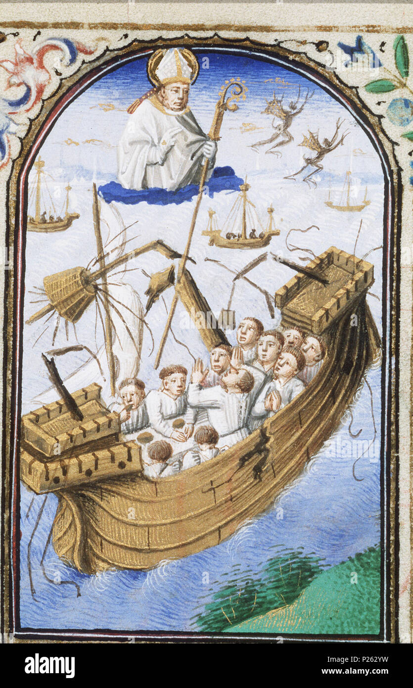 . St. Claudius, Bishop of Besancon, stills a storm at sea - miniature from folio 010vfrom the Book of Hours of Simon de Varie - KB 74 G37a .  St. Claudius, Bishop of Besancon, stills a storm at sea - miniature from folio 010v from the Book of Hours of Simon de Varie - KB 74 G37a Topics depicted in this miniature Male saints (claudius) - post-mortem occurrences  male saint (11H(CLAUDIUS)8) Devils in purely fantasy shape (11K31) Insignia of bishop, e.g. mitre, crozier (11P31131) Storm at sea (26C32) Sailing-ship, sailing-boat (+ under way, at sea ( travelling)) (46C24(+63)) Saving a person fro Stock Photo