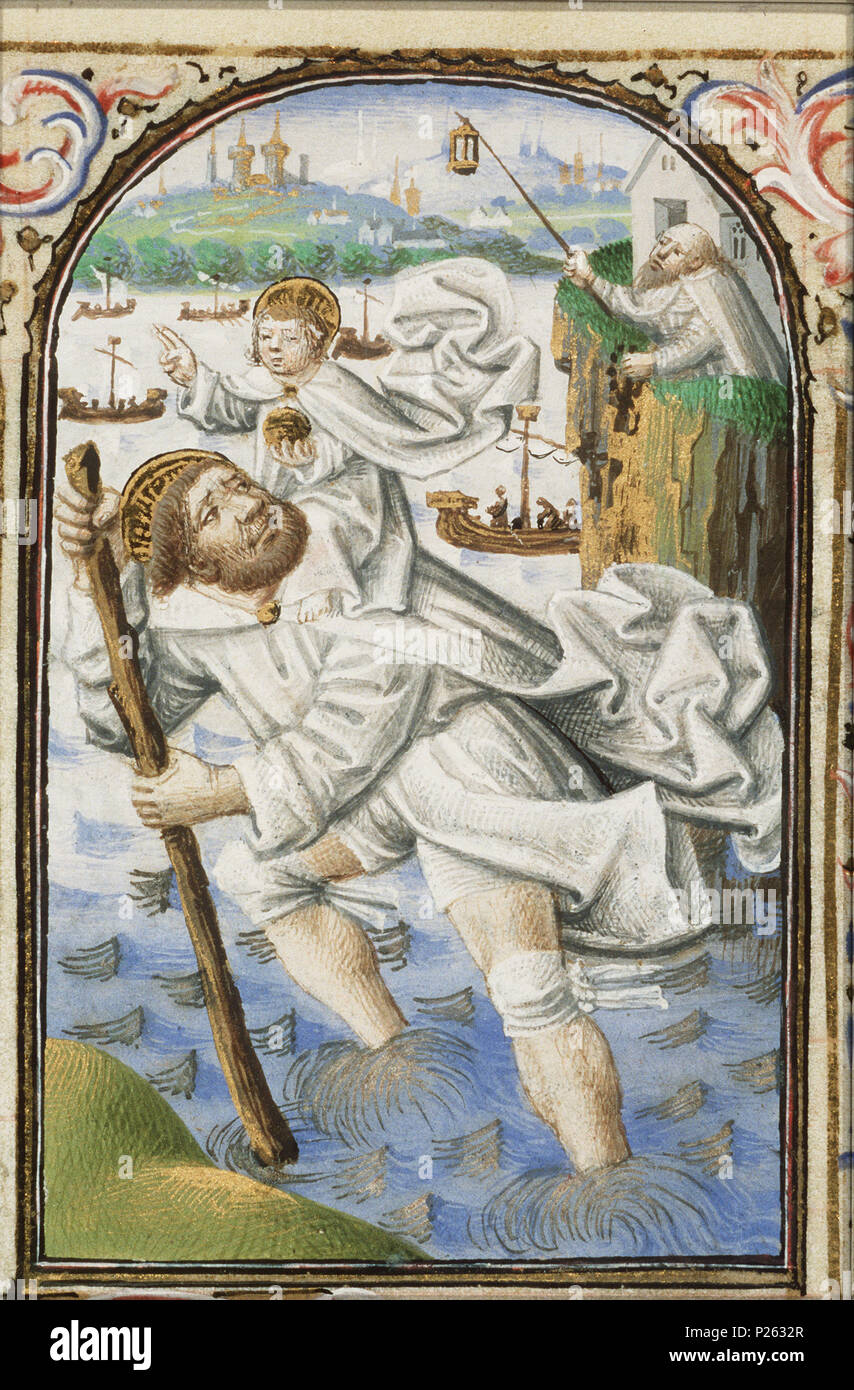 . St. Christopher carries the Christ-child, a hermit guiding him with a lamp - miniature from folio 074vfrom the Book of Hours of Simon de Varie - KB 74 G37 .  St. Christopher carries the Christ-child, a hermit guiding him with a lamp - miniature from folio 074v from the Book of Hours of Simon de Varie - KB 74 G37 Topics depicted in this miniature St. christopher, with the infant christ on his shoulders, wading through the water and carrying his staff (palm-tree); sometimes a hermit stands on the further bank beside a chapel, a lantern in his hand (11H(CHRISTOPHER)51) Sailing-ship, sailing-boa Stock Photo