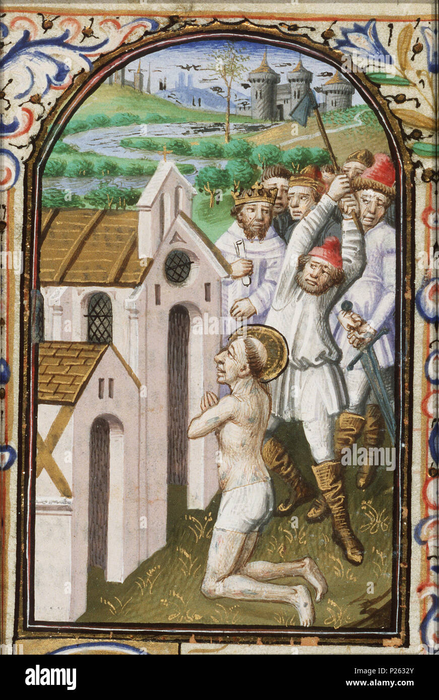 . Martyrdom of St. Eutropius of Saintes - miniature from folio 078vfrom the Book of Hours of Simon de Varie - KB 74 G37 .  Martyrdom of St. Eutropius of Saintes - miniature from folio 078v from the Book of Hours of Simon de Varie - KB 74 G37 Topics depicted in this miniature Male saints (eutropius of saintes) (OF SAINTES) 11H(EUTROPIUS OF SAINTES)) Violent death by beheading (31E23621) Hacking and thrusting weapons (hatchet) (45C13(HATCHET))   This miniature is part of folio 078v  . 1455 190 Martyrdom of St. Eutropius of Saintes - Book of hours Simon de Varie - KB 74 G37 - 078v min Stock Photo