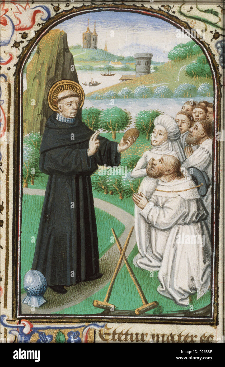 St. William of Gellone preaching, a helmet at his feet - miniature from  folio 088rfrom the Book of Hours of Simon de Varie - KB 74 G37 . St.  William of