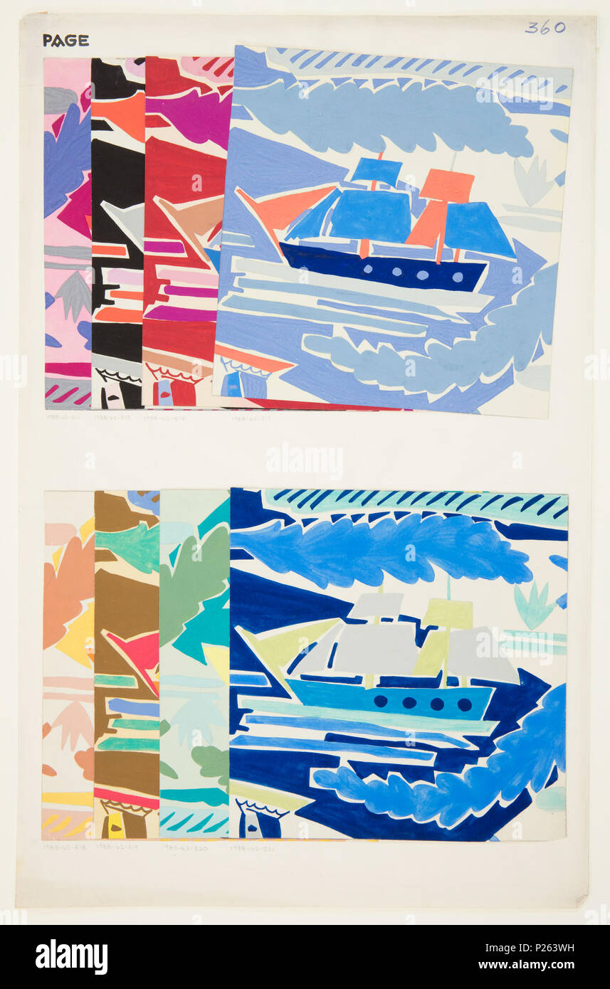 .  English: Drawing, Textile Design: Page, 1919 .  English: Seascape with tall ship in black, white, gray, red, and pink. . 1919 110 Drawing, Textile Design- Page, 1919 (CH 18630775-2) Stock Photo