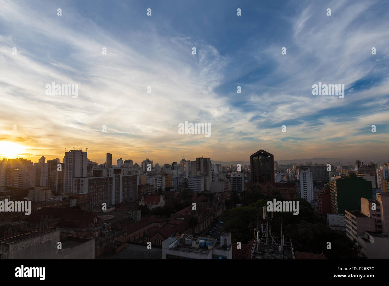 Silhouettes of buildings at dusk in São Paulo city. Stock Photo