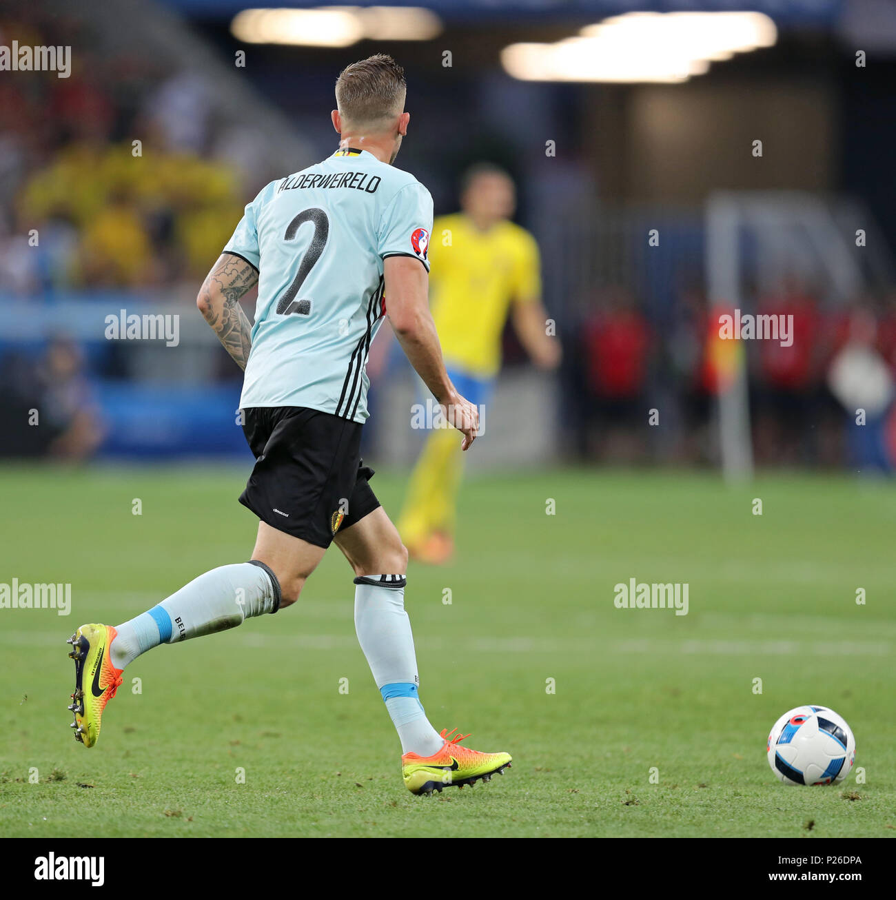 NICE, FRANCE - JUNE 22, 2016: Toby Alderweireld of Belgium controls a ball during the UEFA EURO 2016 game against Sweden at Allianz Riviera Stade de N Stock Photo