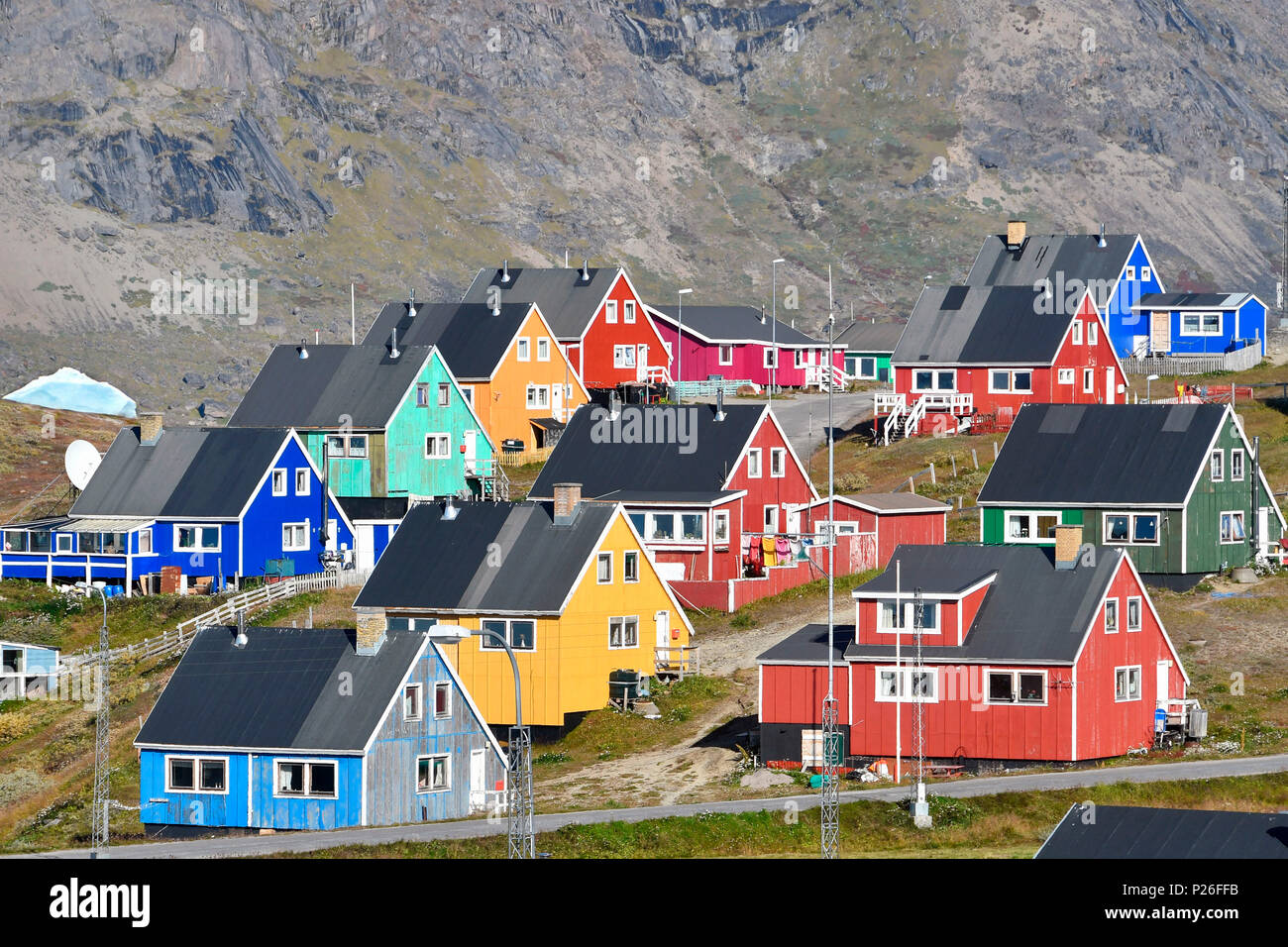 Nordic colored houses with Iceberg, Narsaq, Greenland Stock Photo Alamy