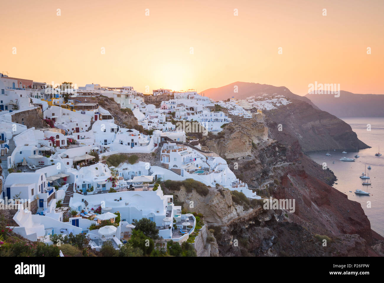 Oia, Santorini, Cyclades, Greece View of the city of Oia at dawn Stock Photo