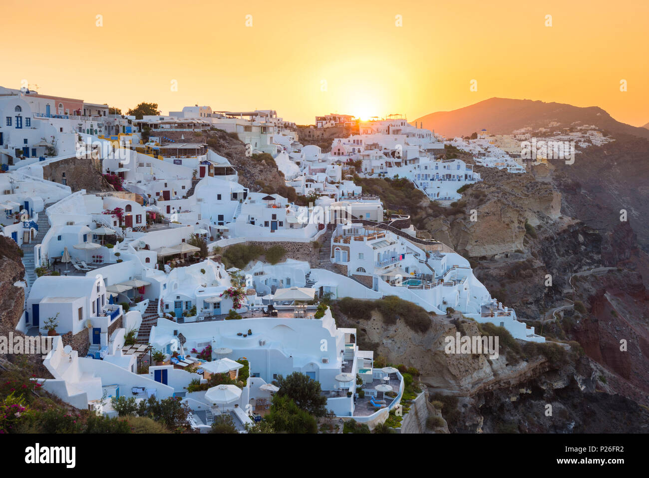Oia, Santorini, Cyclades, Greece View of the city of Oia at dawn Stock Photo
