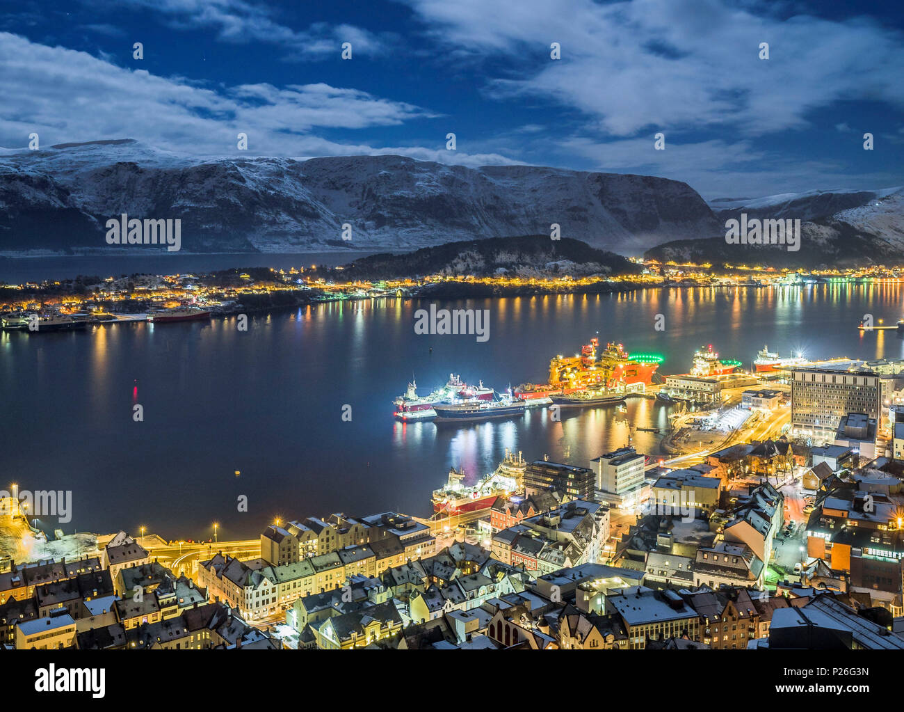 Alesund, Vestlandet, More og Romsdal county, Norway, Europe. Night view from above of Alesund port, one of most important city of Norway. Stock Photo