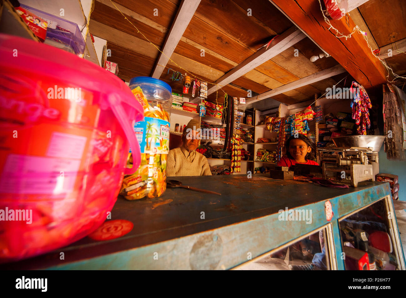 Typical shop selling groceries at Shalakwar village on the Nandhour Valley, Kumaon Hills, Uttarakhand, India Stock Photo