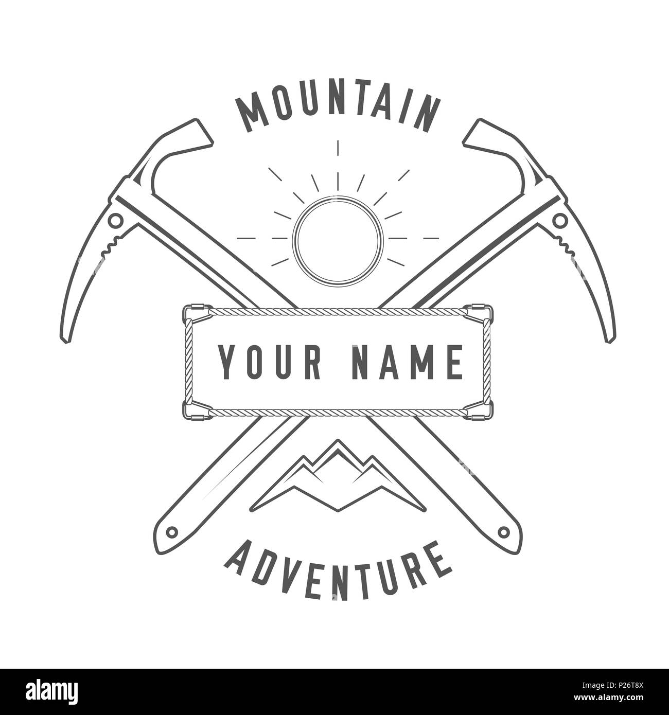 Mountain Adventure - Alpine Club Emblem - Icon - Print - Badge in Vintage Black and White Style. Concept for Shirt or Label, Stamp or Tee. Stock Photo