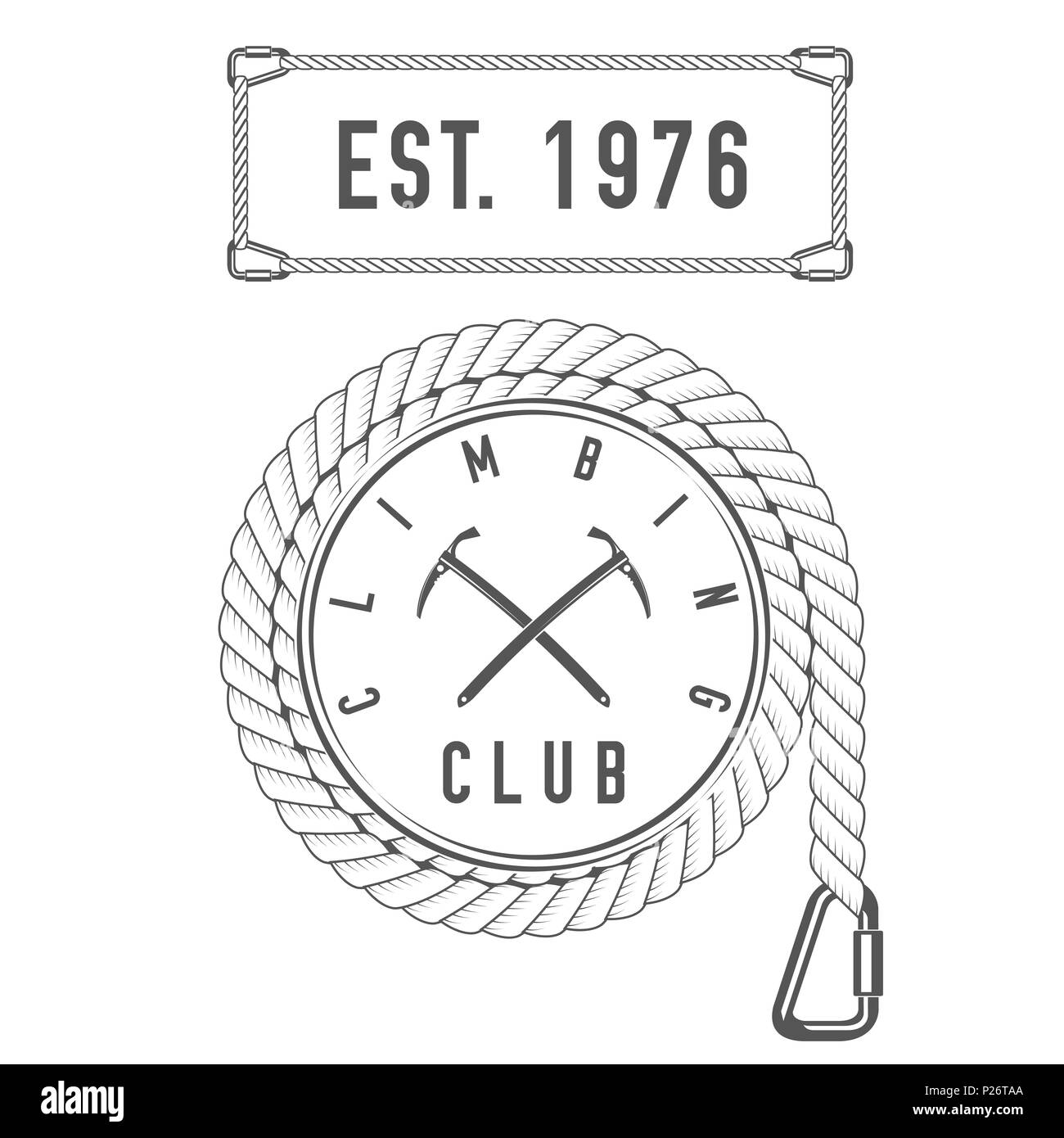 Climbing Club - Mountain Adventure - Alpine Trip Emblem - Icon - Print - Badge Template in Vintage Black and White Style. Concept for Shirt or Label,  Stock Photo