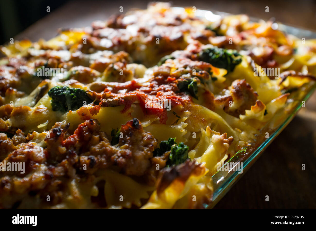 Bowtie pasta lasagna casserole with marinara sauce sausage mushrooms