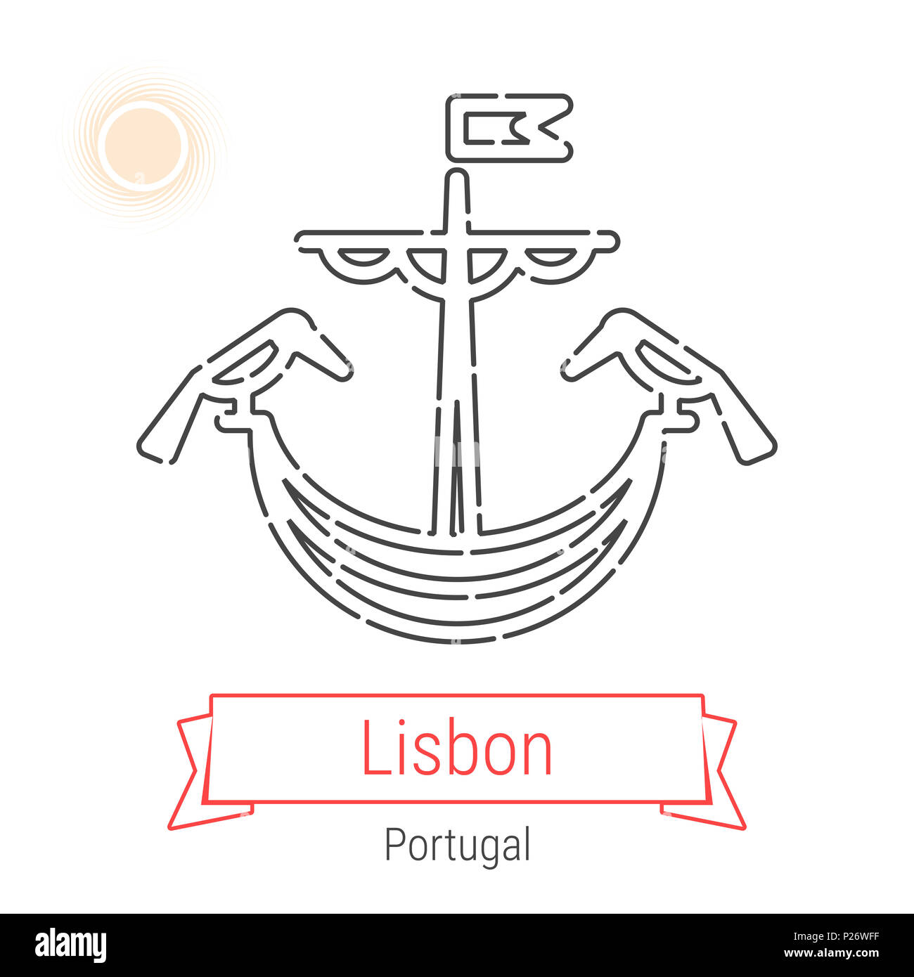 Lisbon, Portugal Line Icon with Red Ribbon Isolated on White. Lisbon Landmark - Emblem - Print - Label - Symbol. Lisbon Coat of Arms Pictogram. World  Stock Photo