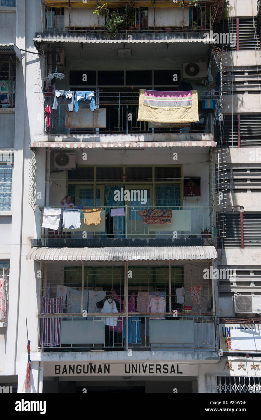 Detail of a post war apartment block in Sandakan, Sabah, Malaysian Borneo. Much of the town was levelled during the Second World War. Stock Photo