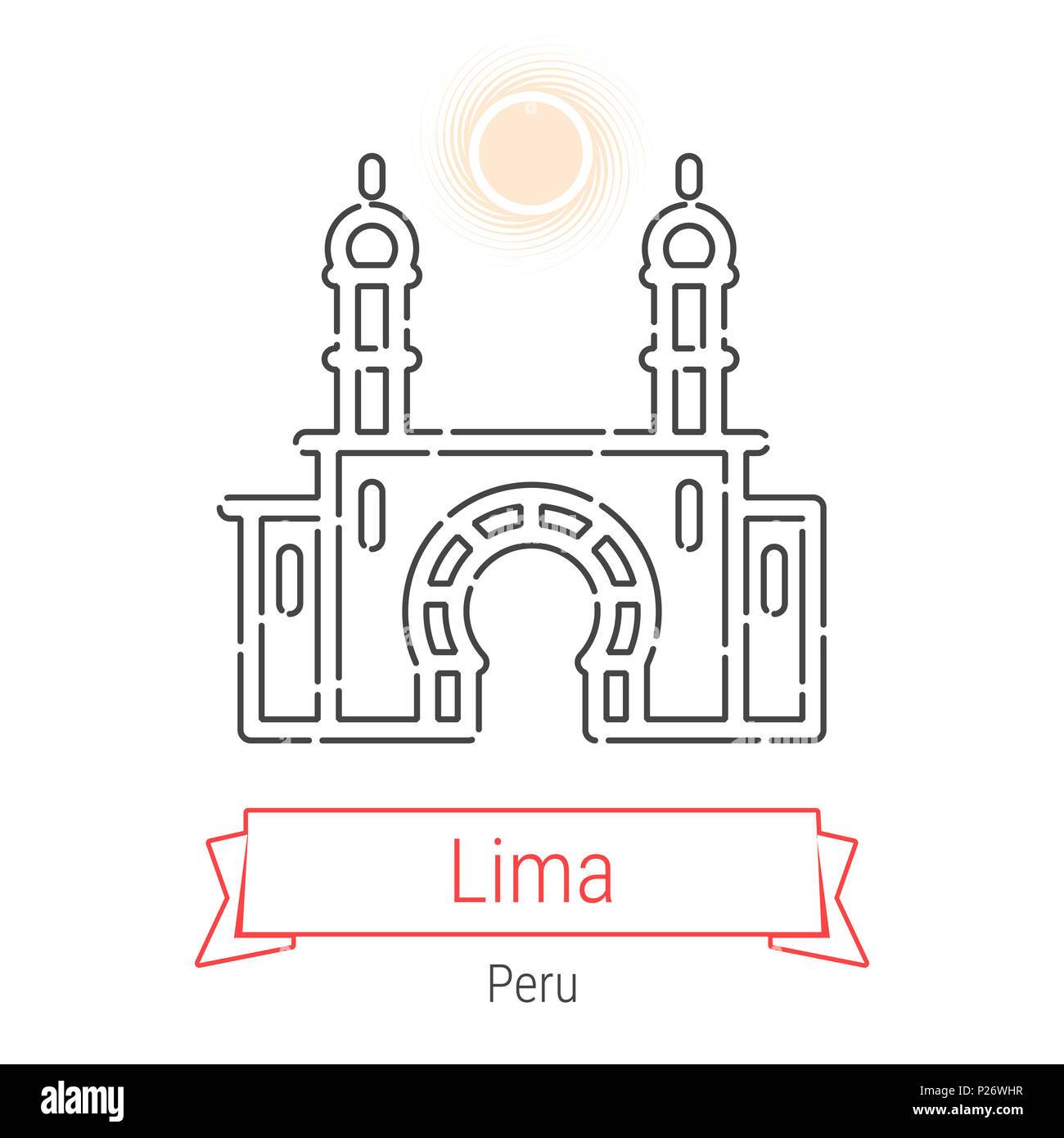 Lima, Peru Line Icon with Red Ribbon Isolated on White. Lima Landmark - Emblem - Print - Label - Symbol. Park of Friendship Pictogram. World Cities Co Stock Photo