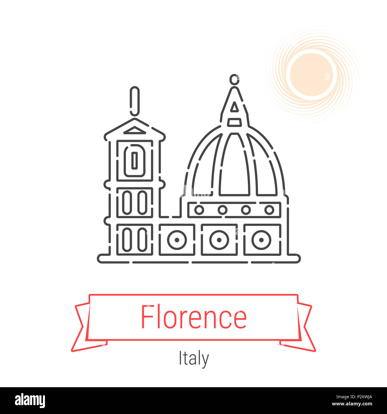 Florence, Italy Line Icon with Red Ribbon Isolated on White. Florence Landmark - Emblem - Print - Label - Symbol. Cathedral of Santa Maria Pictogram.  Stock Photo