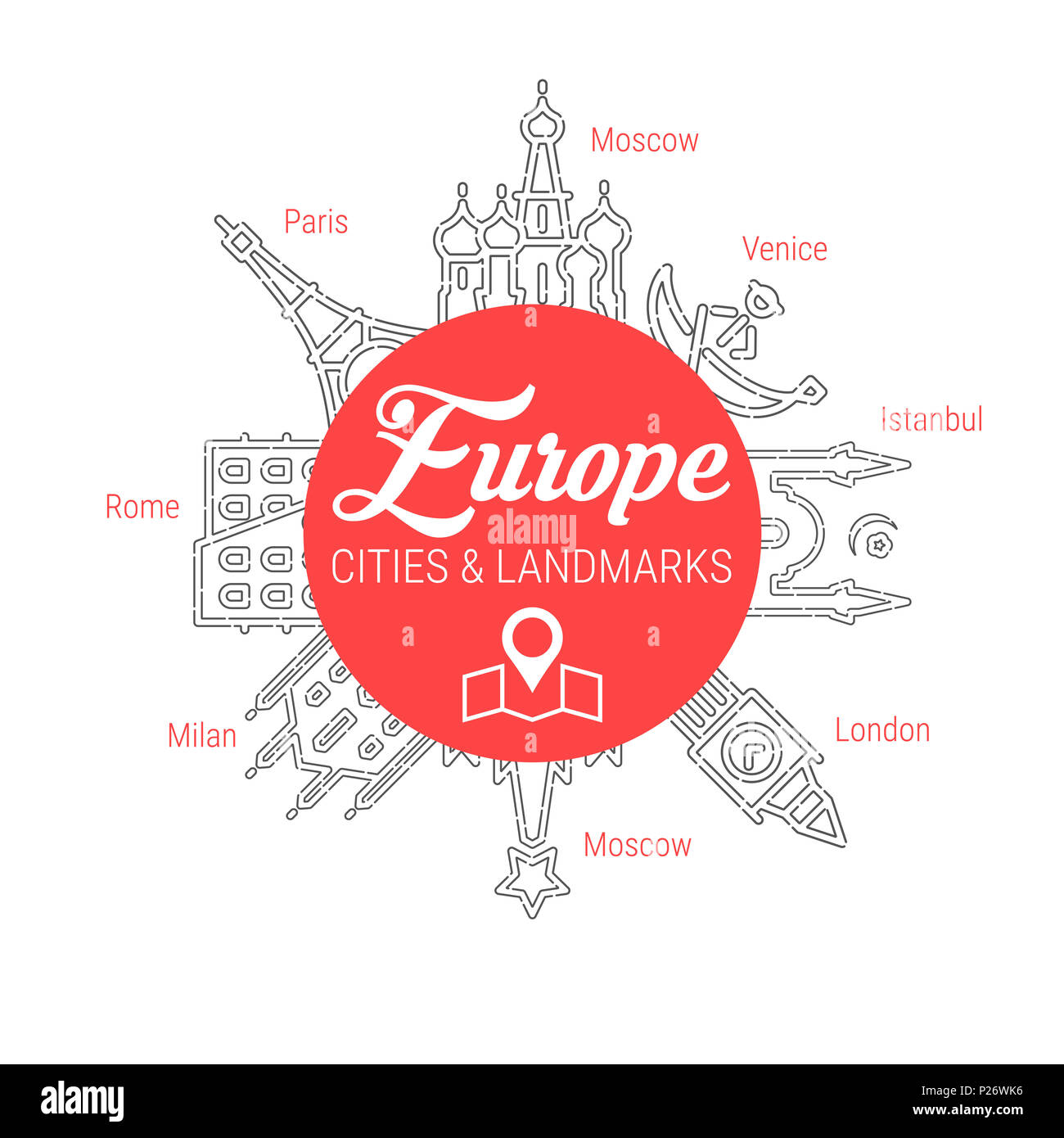 Famous European Cities - Landmarks - Places of Interest - Attractions - Sights - Lions. Line Icon Set. Travel and Tourism Background. Stock Photo