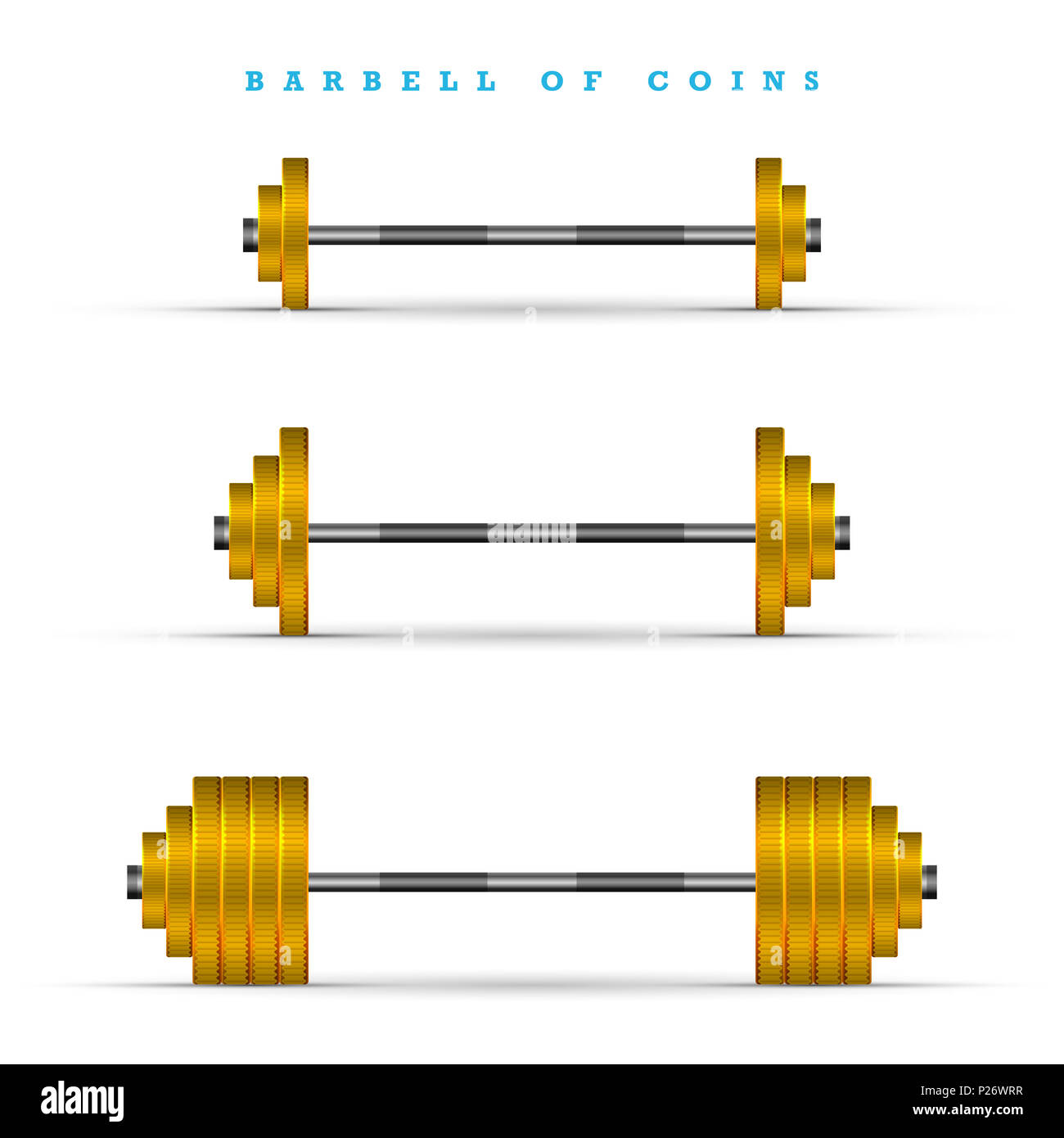 Set of Barbells with Different Weights. Golden Coins Bars. Cash Plan