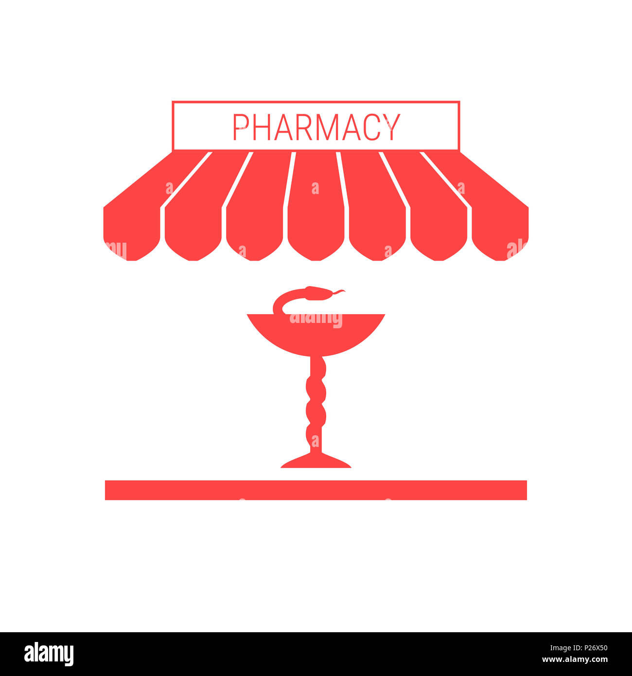 Drugstore, Pharmacy Single Flat Icon. Striped Awning and Signboard. A Series of Shop Icons. Illustration. Stock Photo