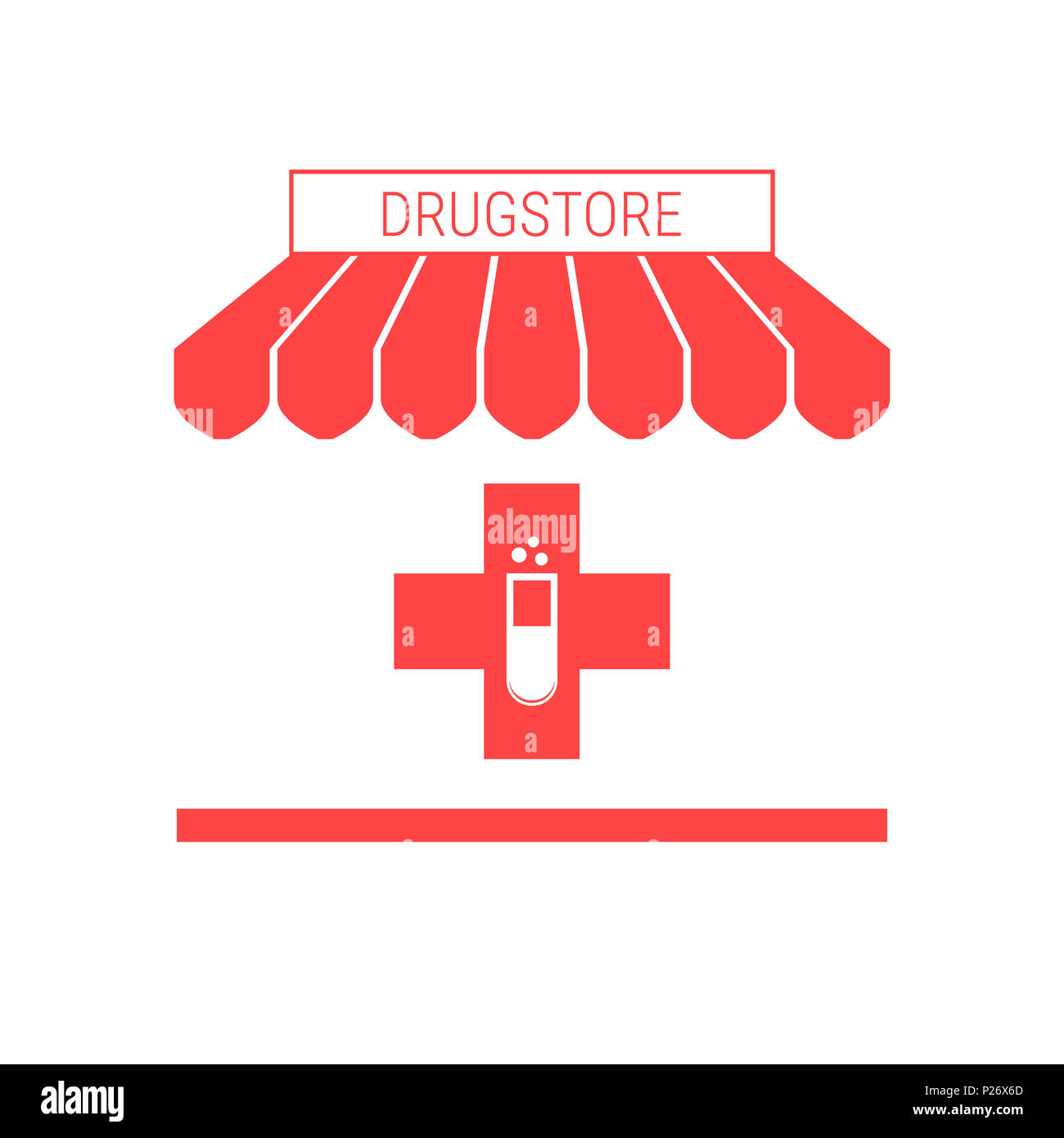 Drugstore, Pharmacy Single Flat Icon. Striped Awning and Signboard. A Series of Shop Icons. Illustration. Stock Photo