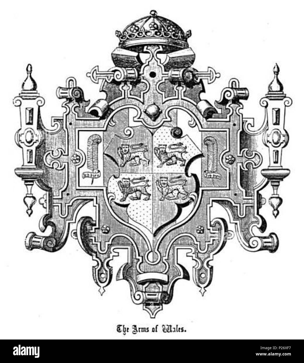 . English: Ultra-ornate version of the Llewelyn arms (see File:Coat of arms of Wales.svg) as described in Annals and Antiquities of the Counties and County Families of Wales: Containing a Record of All Ranks of the Gentry ... with Many Ancient Pedigrees and Memorials of Old and Extinct Families. By Nicholas, Thomas, Published by Longmans, Green, Reader, 1872, p. X. As described in, 'Annals and Antiquities of the Counties and County Families of Wales, 1872': The Arms of Wales emblazoned on the cover and Frontispiece are the same as those given in the Heraldic Visitations of Wales, by Lewys Dwnn Stock Photo