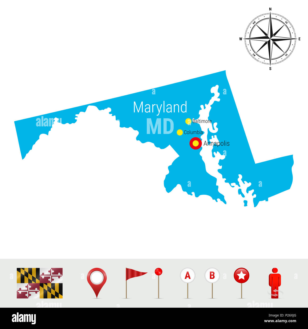 Maryland Map Isolated on White Background. High Detailed Silhouette of