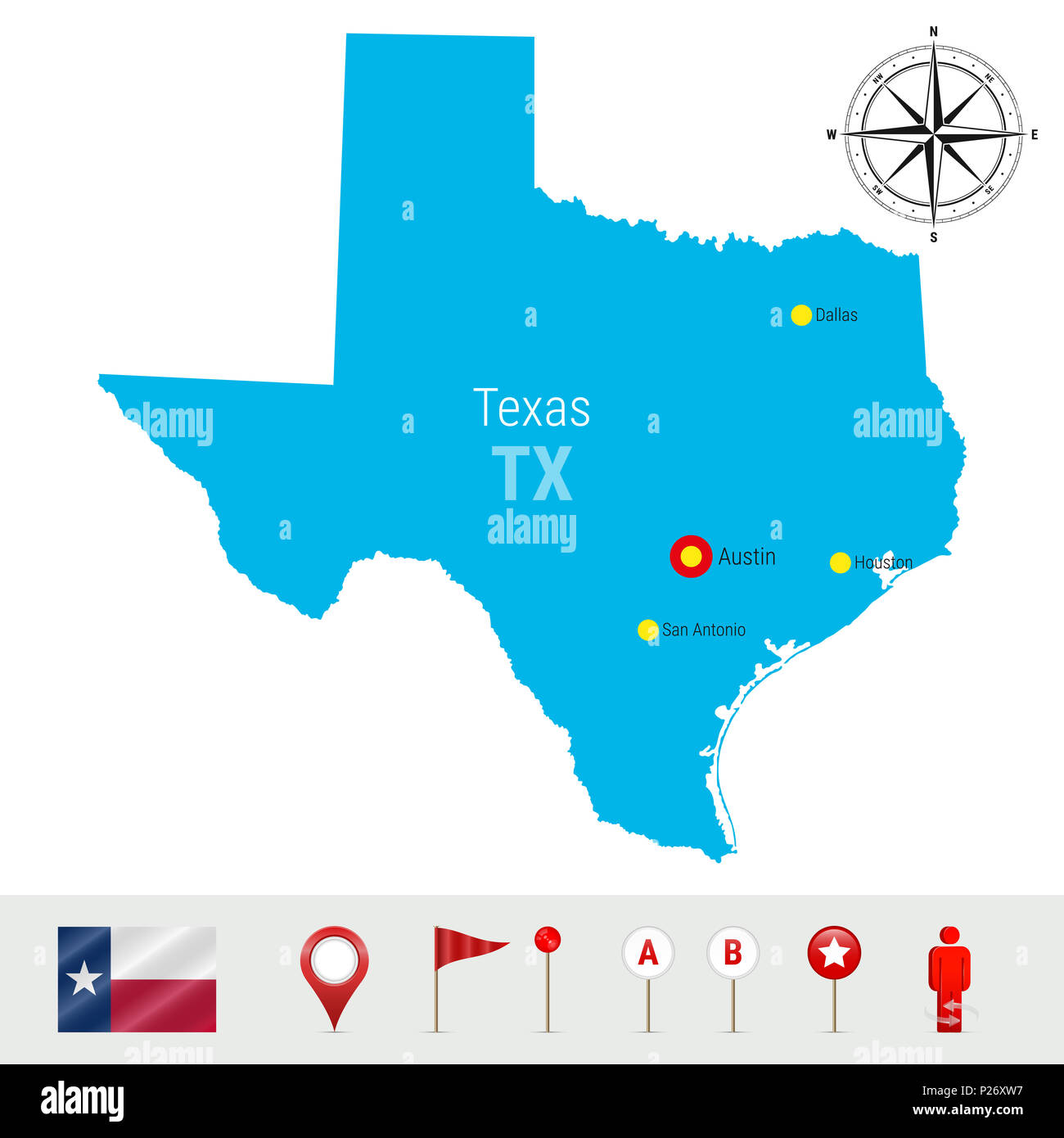 Texas Map Isolated on White Background. High Detailed Silhouette of Texas State. Flag of Texas. 3D Map Markers or Pointers, Navigation Elements. Rose  Stock Photo