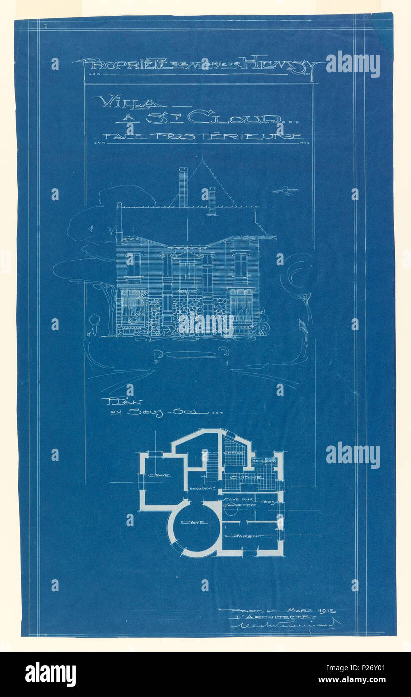 .  English: Blueprint, Villa of M. Hemsy, St. Cloud, Face Posterieure, 1913 .  English: A blueprint depicting the back side of the Villa of Monsieur Hemsy. On the top half is a drawing of the facade, and below is a floor plan. Scale noted throughout the drawing. . 1913 32 Blueprint, Villa of M. Hemsy, St. Cloud, Face Posterieure, 1913 (CH 18384921) Stock Photo
