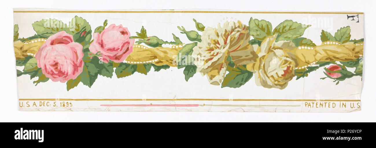 .  English: Border (USA), 1895 .  English: On white ground, entwined yellow ribbon, yellow and pink roses, between mustard-yellow edge lines. Printed in margin: 'Patented in USA Dec 5, 1895' . 1895 36 Border (USA), 1895 (CH 18462661) Stock Photo