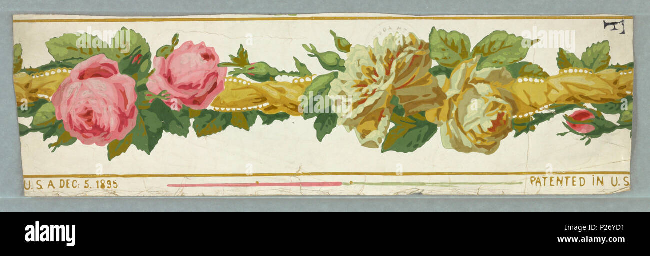 .  English: Border (USA), 1895 .  English: On white ground, entwined yellow ribbon, yellow and pink roses, between mustard-yellow edge lines. Printed in margin: 'Patented in USA Dec 5, 1895' . 1895 36 Border (USA), 1895 (CH 18462661-2) Stock Photo