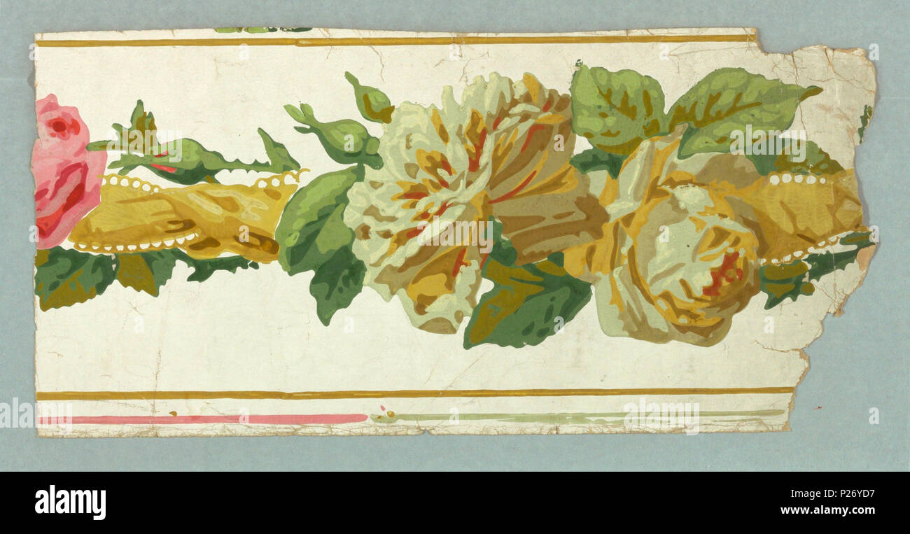 .  English: Border (USA), 1895 .  English: On white ground, entwined yellow ribbon, yellow and pink roses, between mustard-yellow edge lines. Printed in margin: 'Patented in USA Dec 5, 1895' . 1895 36 Border (USA), 1895 (CH 18462661-3) Stock Photo