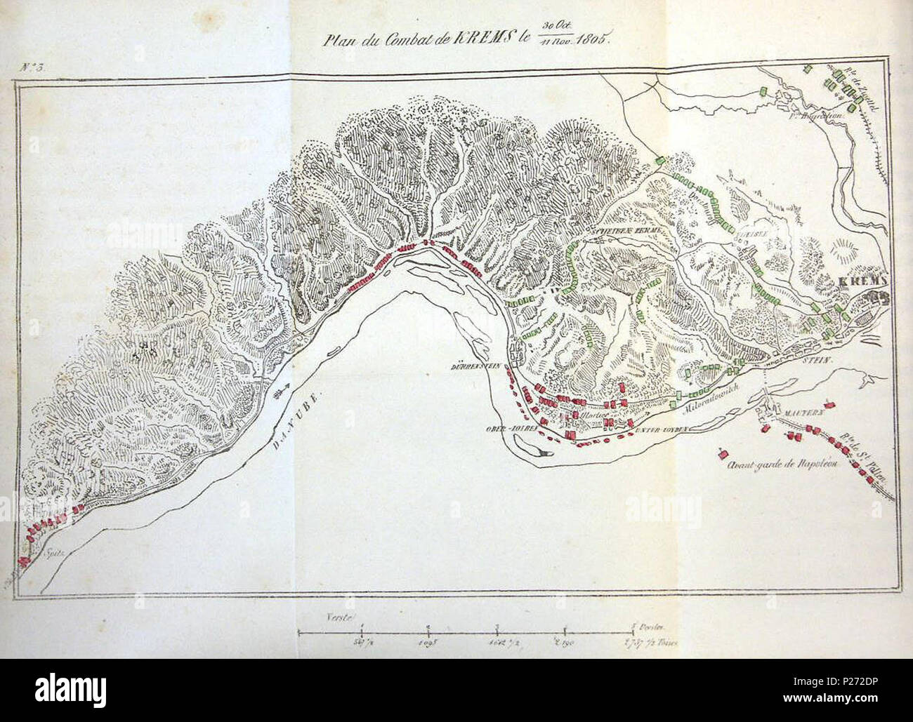 . English: Map of Battle of Duerenstein, 11 November 1805. This was published in Michailowsky-Danilewsky, Relation de la Campagne de 1805 (Austerlitz). Paris, 1846. Deutsch: Karte, Gefecht bei Dürrnstein-Loiben (11.11.1805) . 1846. Aleksandr Ivanovich Michailowsky-Danilewsky (1790–1848)[ester.nlib.ee/record=b1994261*est] 48 Campagne1805 Danilevsky Karte3 klein Stock Photo