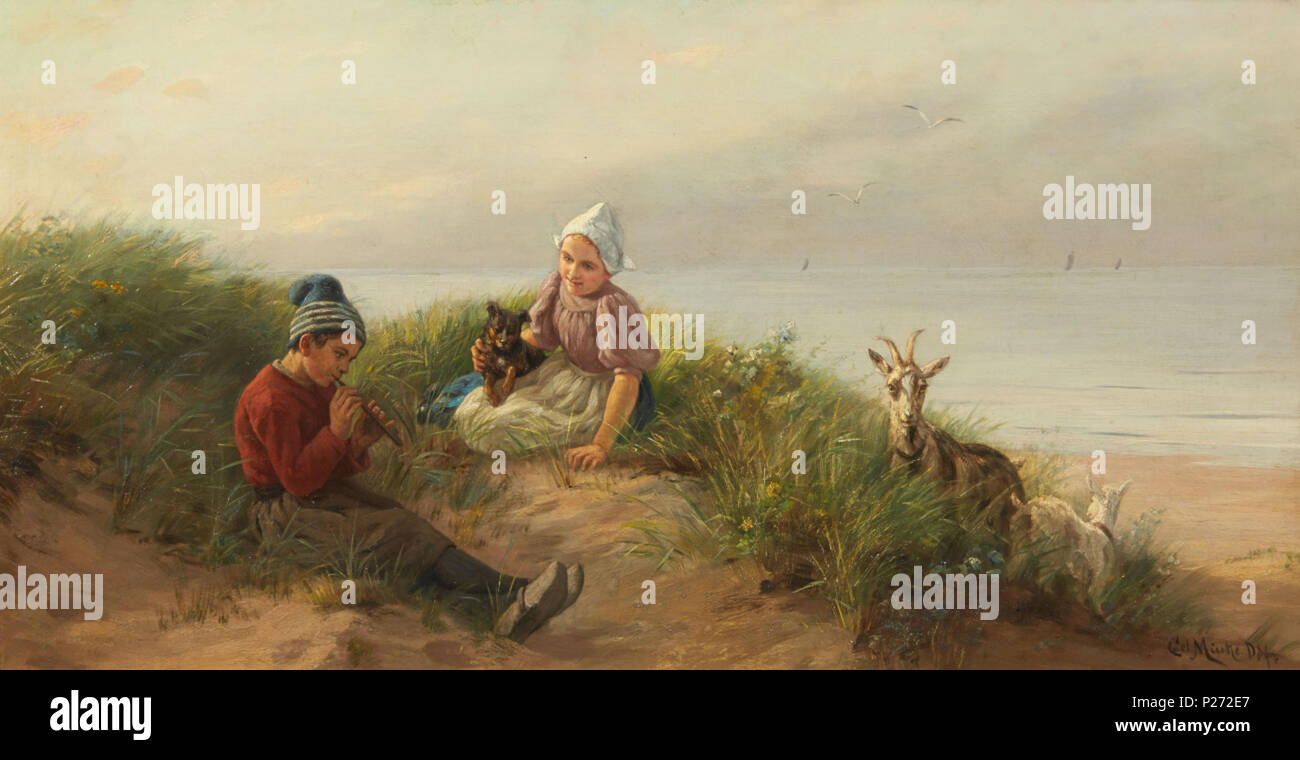 52 Carl Emil Mücke Spielende Kinder am Strand mit Hund und Ziegen Stock Photo