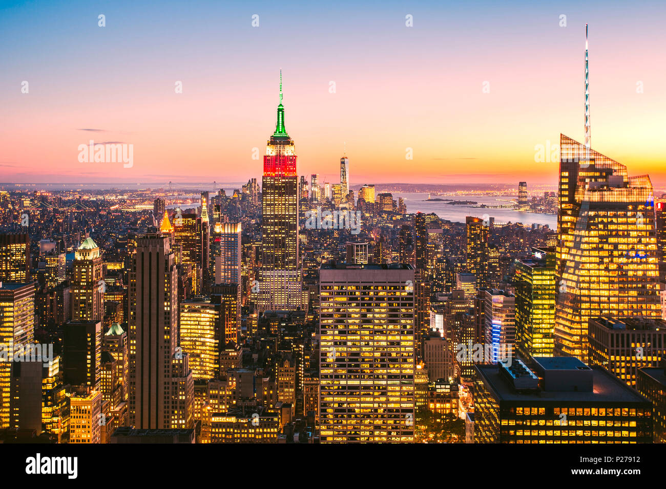 Empire State Building and the Freedom Tower as seen from Top of the Rock Observation, New York City, USA Stock Photo