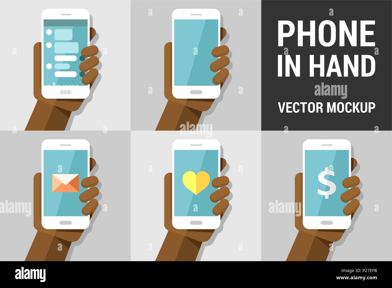 Hand using vector mobile phone on colored illustration background ...