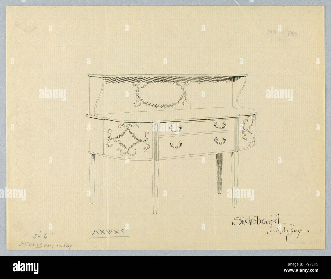 .  English: Drawing, Design for Mahogany Sideboard with Neo-Classical Motifs, January 6, 1902 .  English: Sideboard with four straight tapering legs (the front two with fluted tops) and semi-circular front - flat in middle portion - with two horizontal drawers with 'C'-shaped handles; neo-classical motifs on rounded front corners and center back; upper shelf raised on scroll-shaped volutes. . 6 January 1902 102 Drawing, Design for Mahogany Sideboard with Neo-Classical Motifs, January 6, 1902 (CH 18680579) Stock Photo